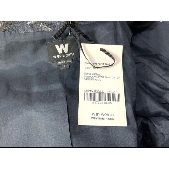 NWT W By Worth Small Navy & Silver Brocade Belted Long Trench Coat Jacket - Picture 3 of 10